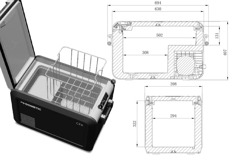 Wymiary lodówki samochodowej CFX3 35 Dometic